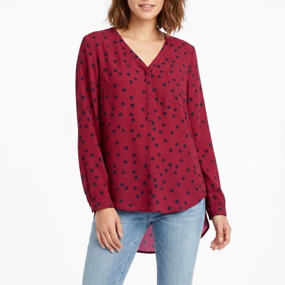 Merona Blouse Womens L Red Polka Dot V-Neck Long Sleeve Pocket Good